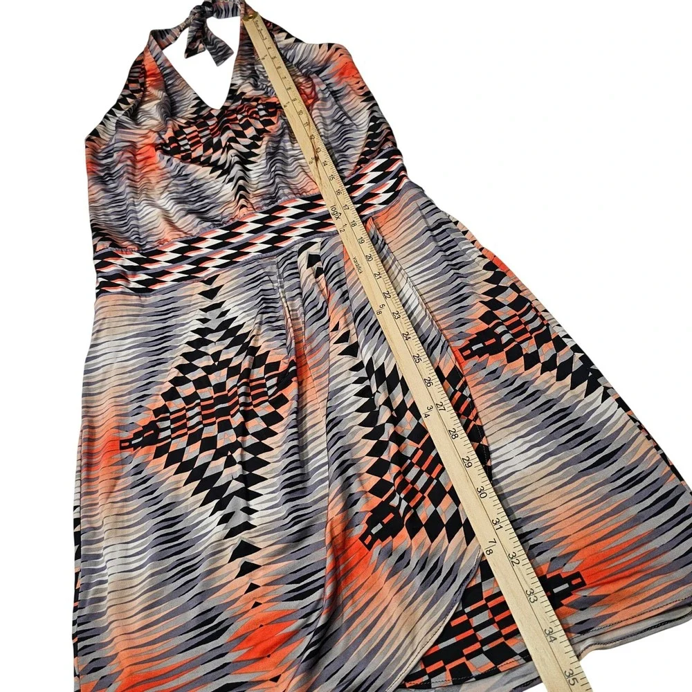 BCBGMAXAZRIA Halter‎ Deep V-Neck Dress Aztec Geo Stretch Orange Navy XS NWT